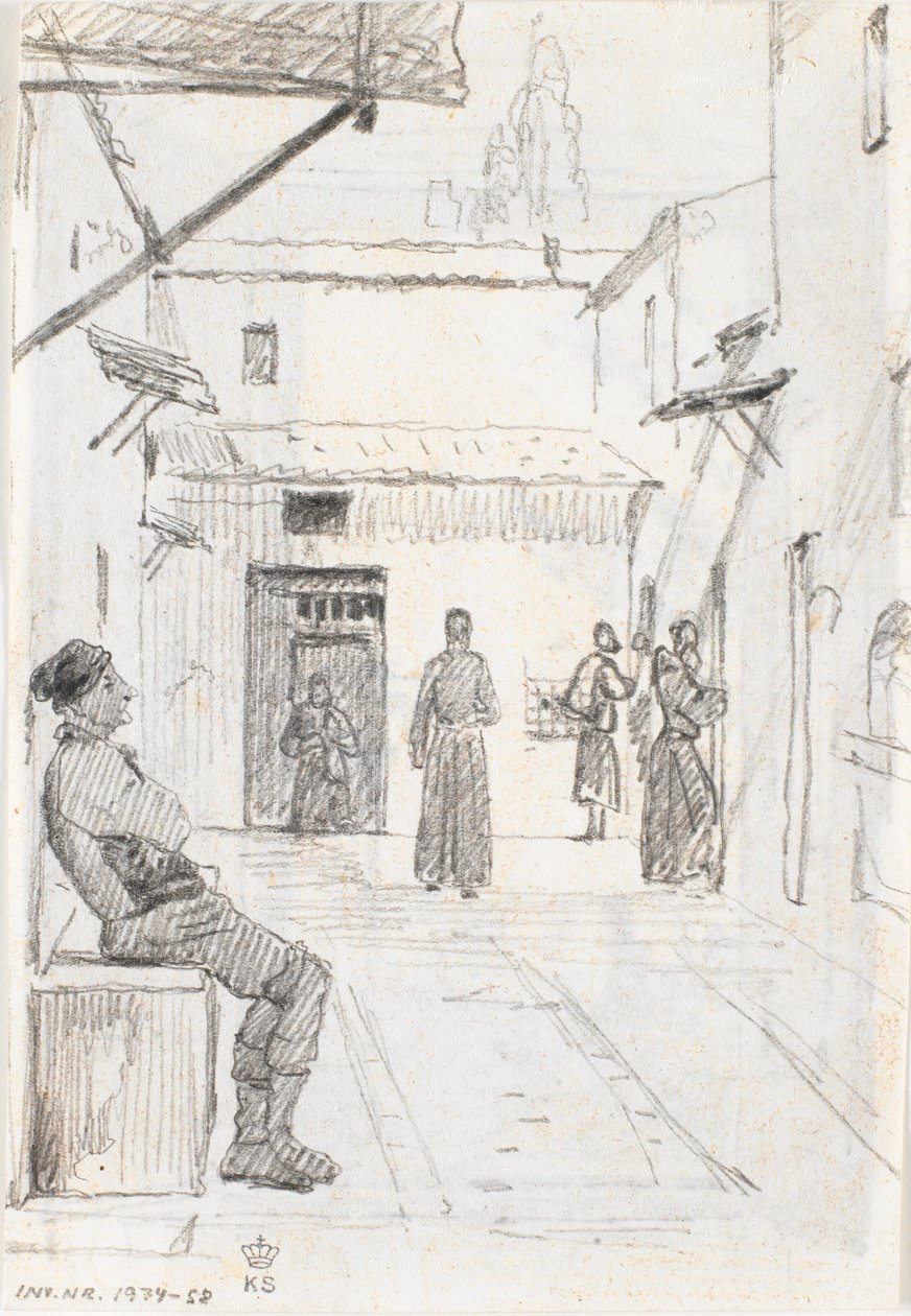 Calle italiana con un pescador al fondo de Martinus Rørbye
