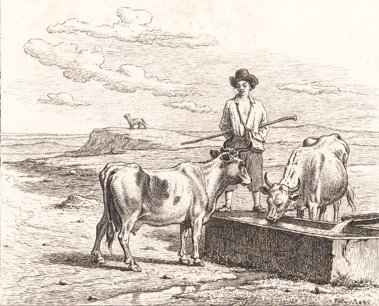 Un pastor junto a un abrevadero. Ilustración para Chr. Winther "Veinticinco Imágenes para Niños Pequeños" de Martinus Rørbye