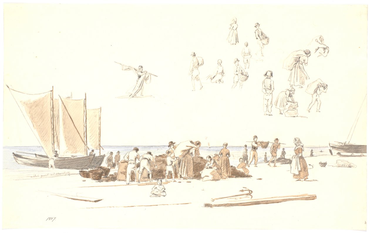 Pescadores en Skagen descargando barcos en la playa de Martinus Rørbye