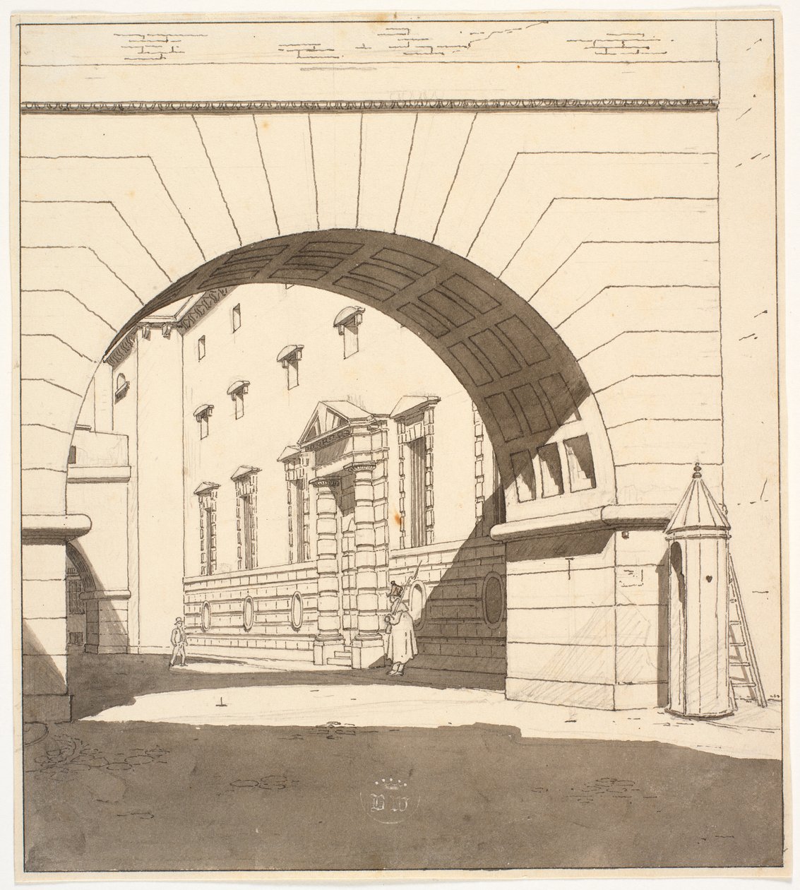 Estudio preliminar para la pintura "El edificio de la cárcel en el Ayuntamiento y Palacio de Justicia" de Martinus Rørbye