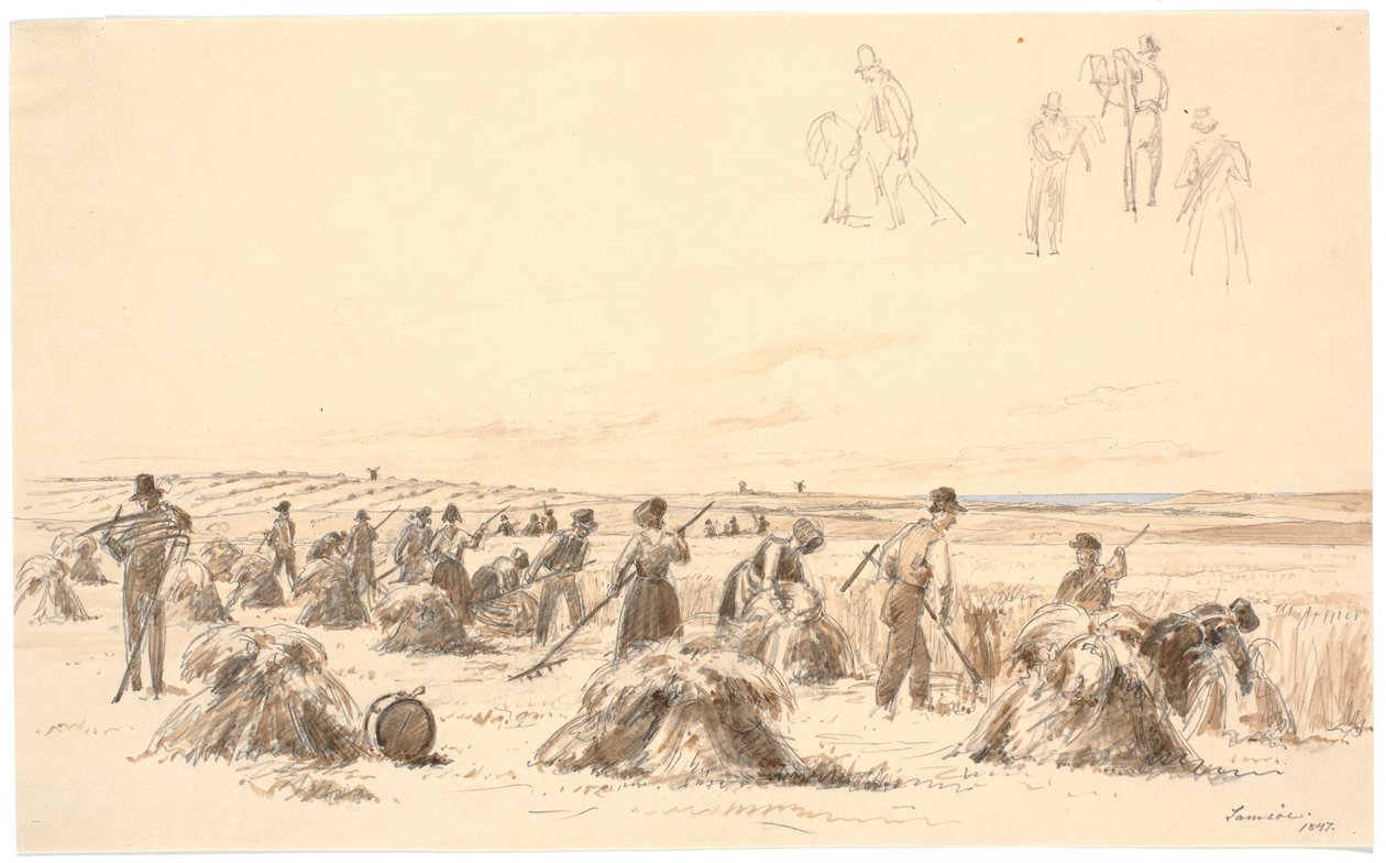 Trabajadores de la cosecha en el campo. En el fondo, molinos y el mar de Martinus Rørbye