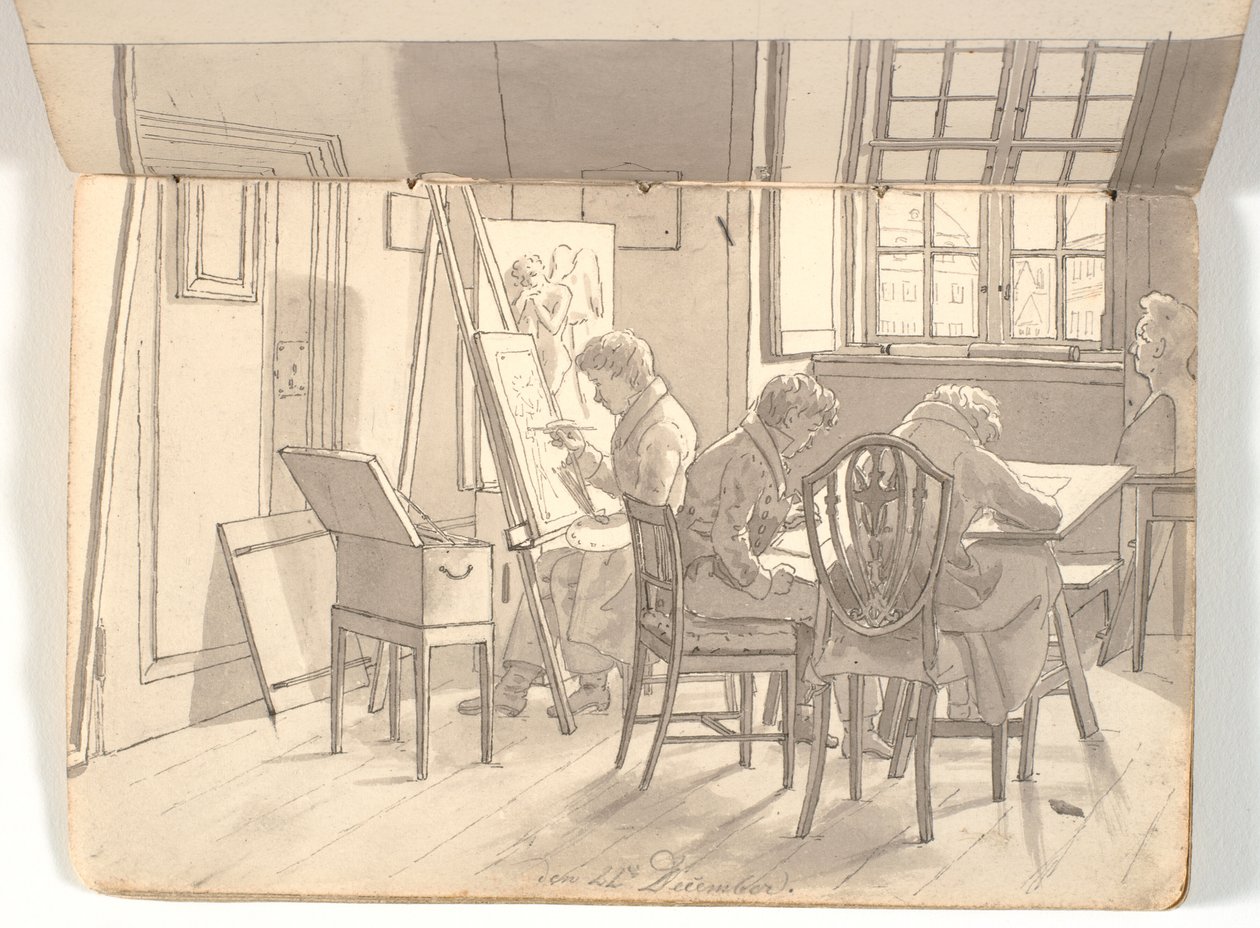 Interior de la academia con artistas pintando y dibujando de Martinus Rørbye