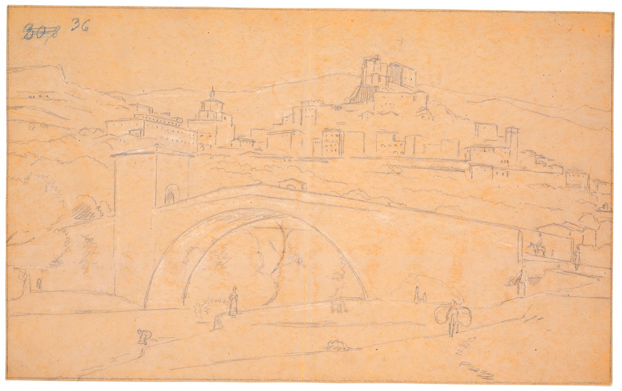 Paisaje italiano con un puente sobre un río y la ciudad de Subiaco al fondo de Martinus Rørbye