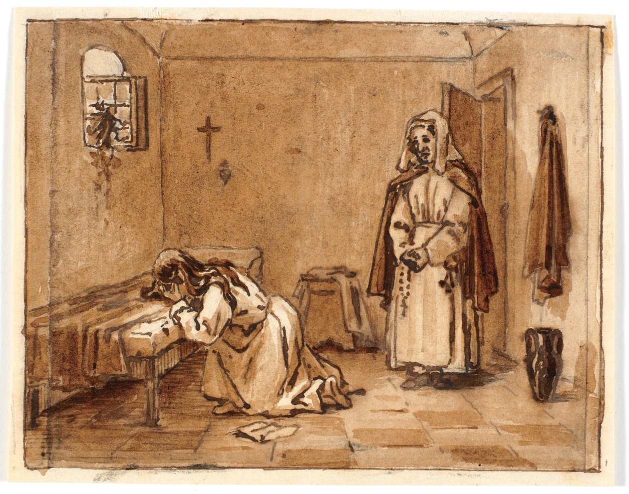 Estudio de composición con una mujer llorando de rodillas, una carta en el suelo, detrás de ella una monja de Martinus Rørbye