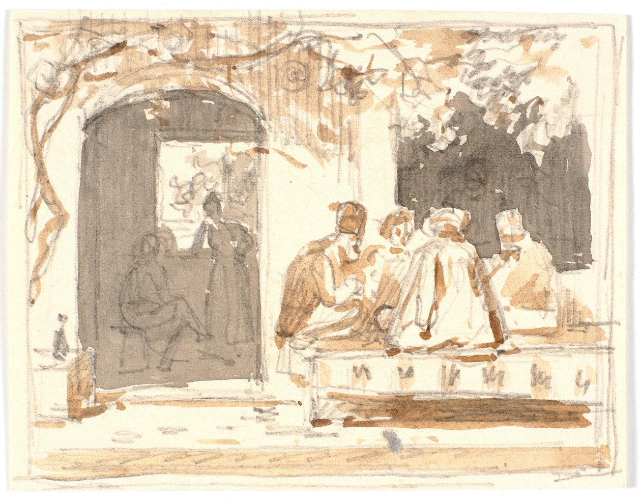 Orientales jugando al ajedrez fuera de una casa de café y barbería turca de Martinus Rørbye