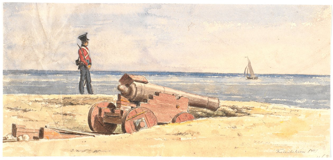 Centinela y cañón en la orilla en Frederikshavn de Martinus Rørbye