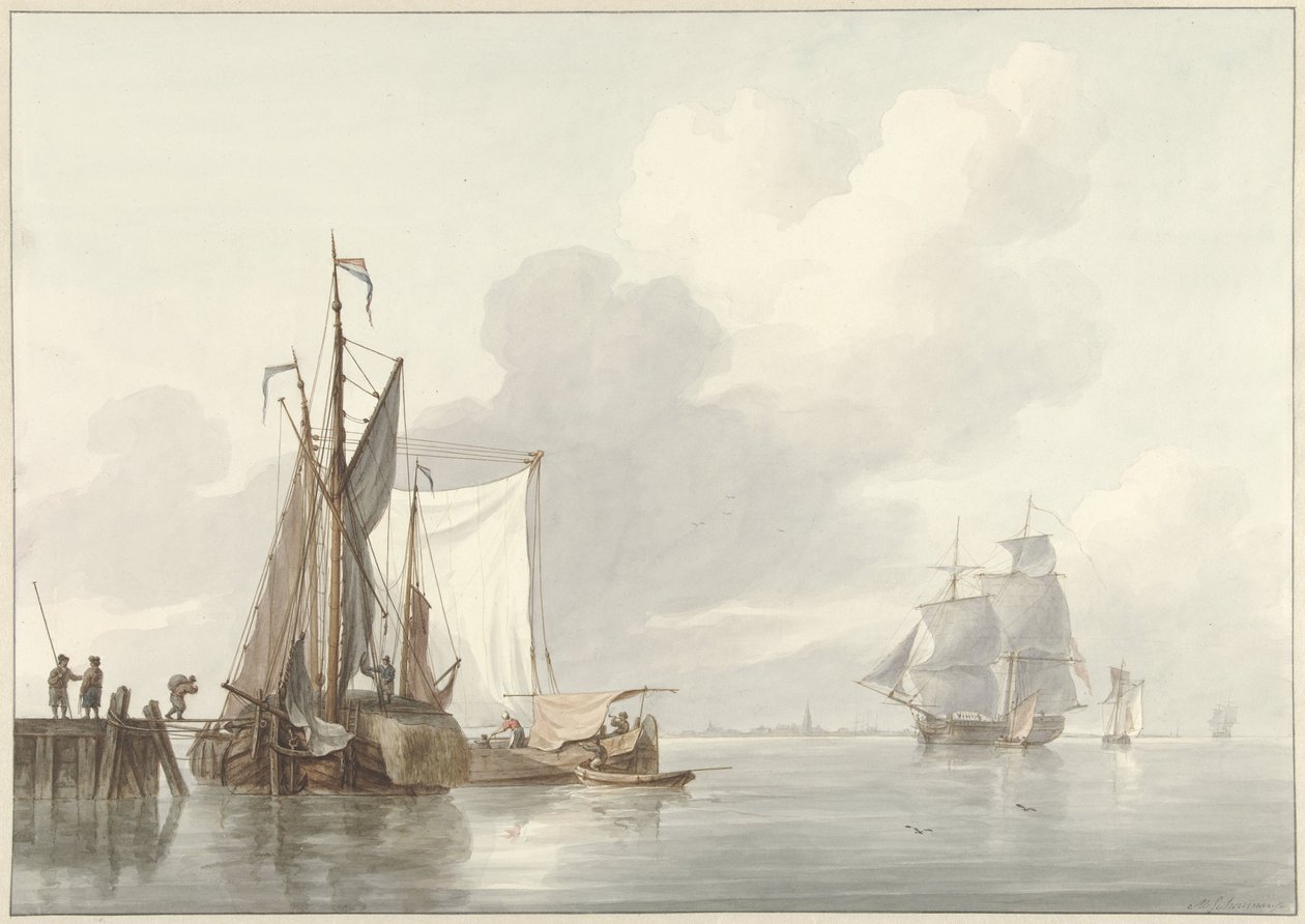 Vista al río con barcos amarrados de Martinus Schouman
