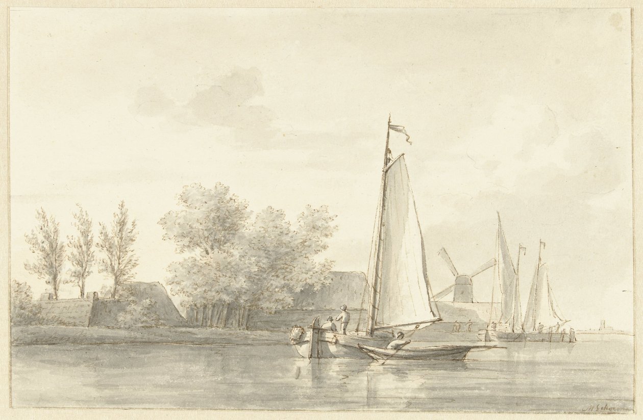 Vista al río con velero y bote de remos de Martinus Schouman