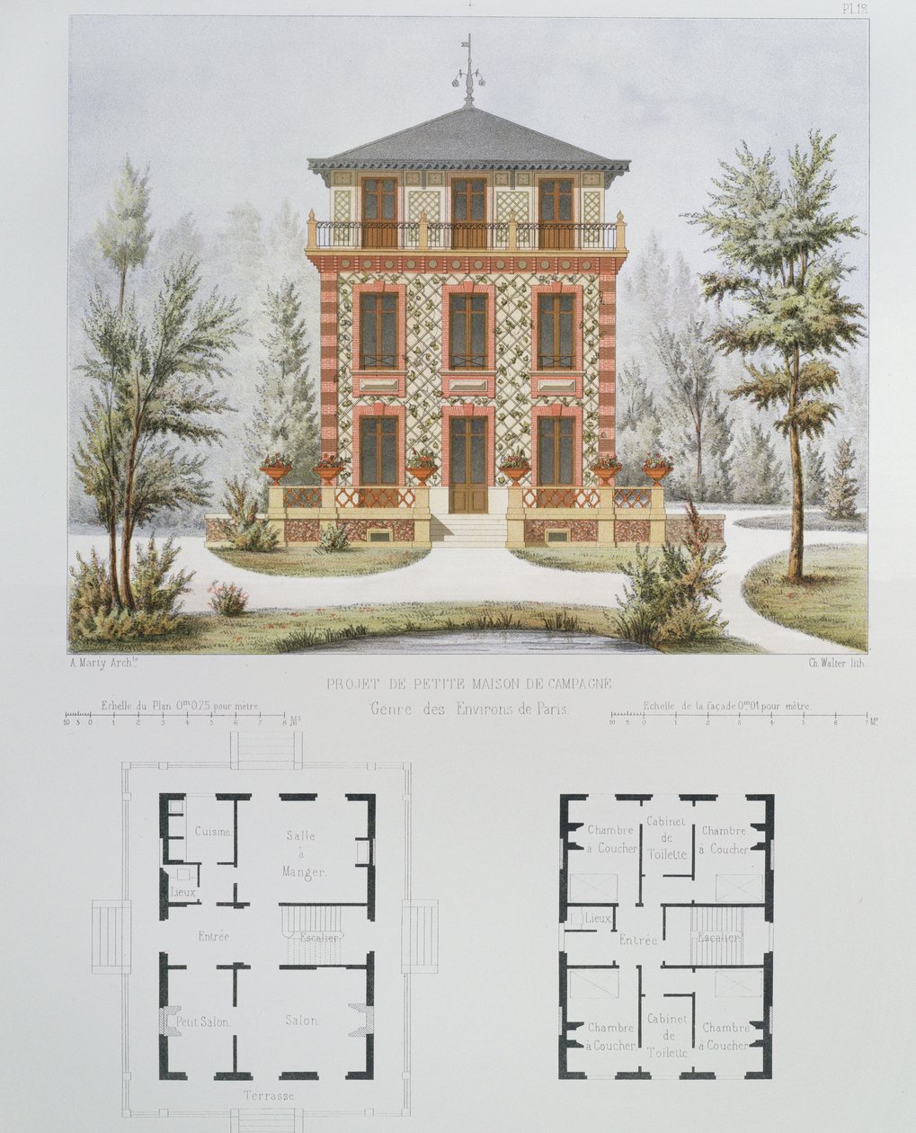 Proyecto para una pequeña casa de campo cerca de París, grabado por Walter, lámina 18 de Architecture Pittoresque et Moderne de Marty