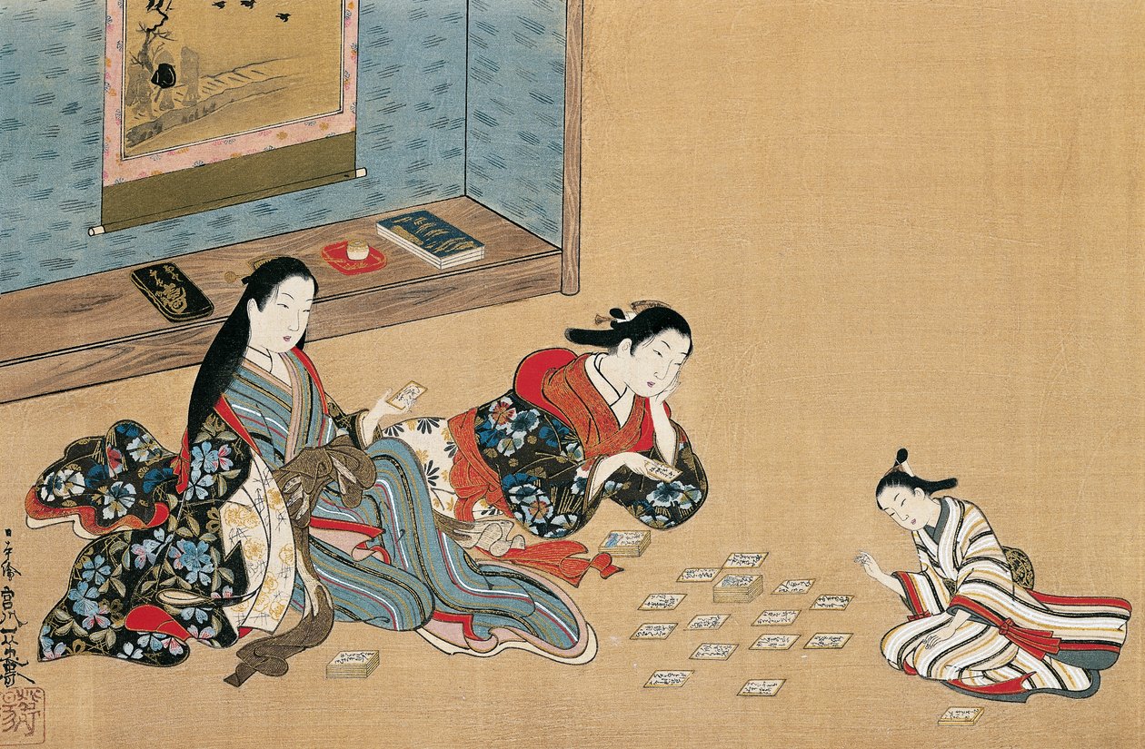 Mujeres jugando a las cartas, de Maruyama Okyo (1733-1765), pintura sobre seda en estilo ukiyo-e, Japón. de Maruyama Okyo