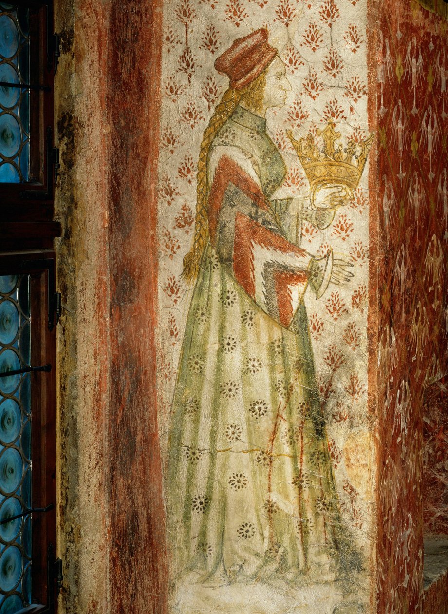 Margarete Maultasch, condesa del Tirol, en un mural en una ventana de la cámara de baño del castillo de Runkelstein, Tirol del Sur ... (pintura mural) de Marx Reichlich