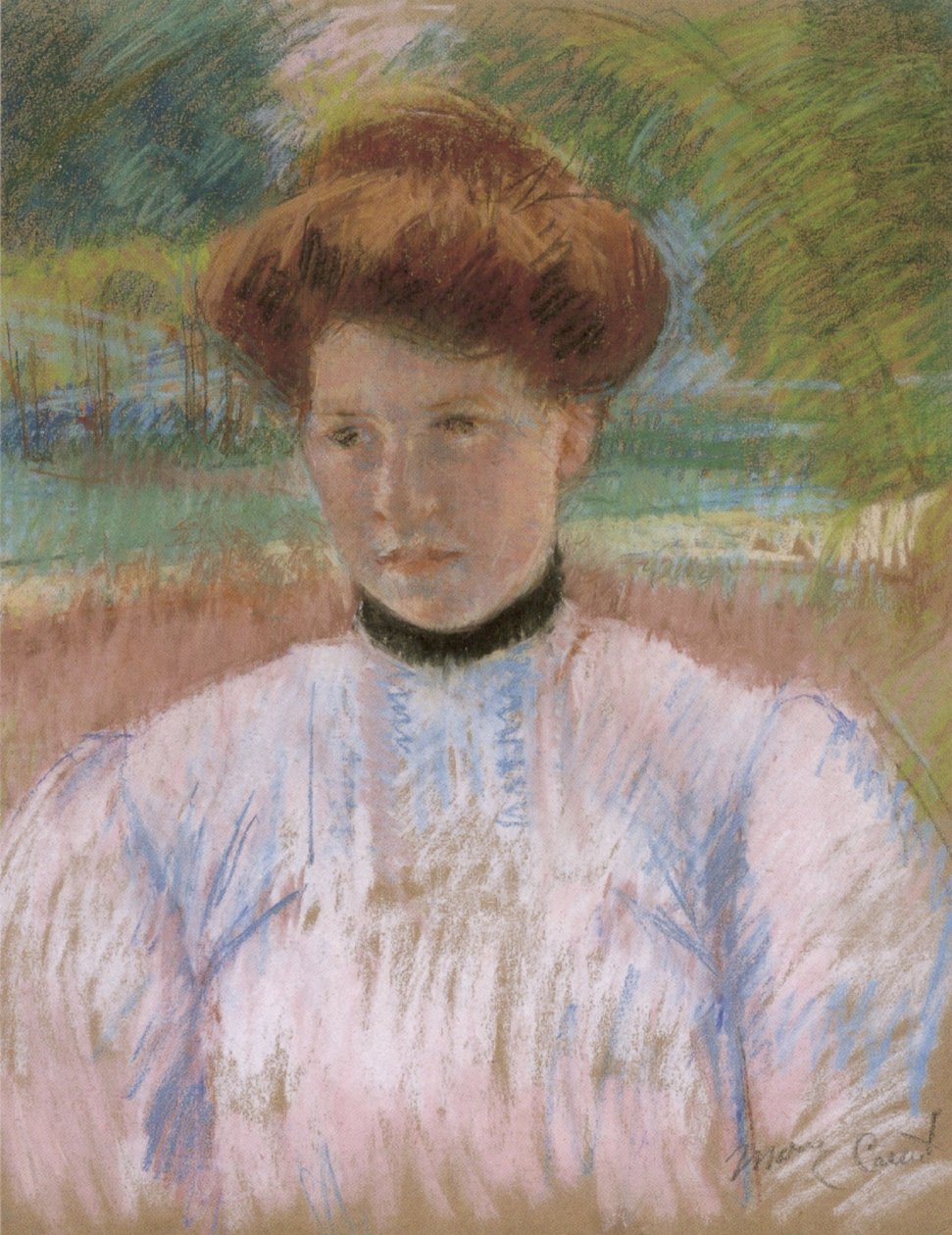 Joven con cabello castaño rojizo en una blusa rosa de Mary Cassatt