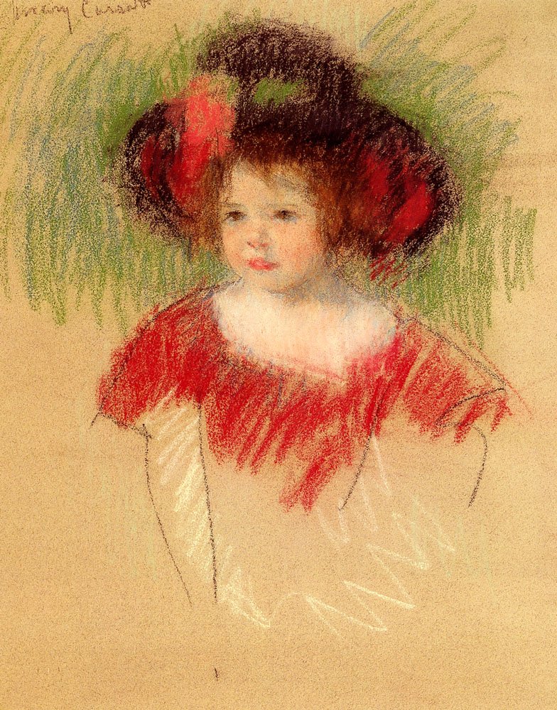 Margot con gran sombrero y vestido rojo de Mary Cassatt