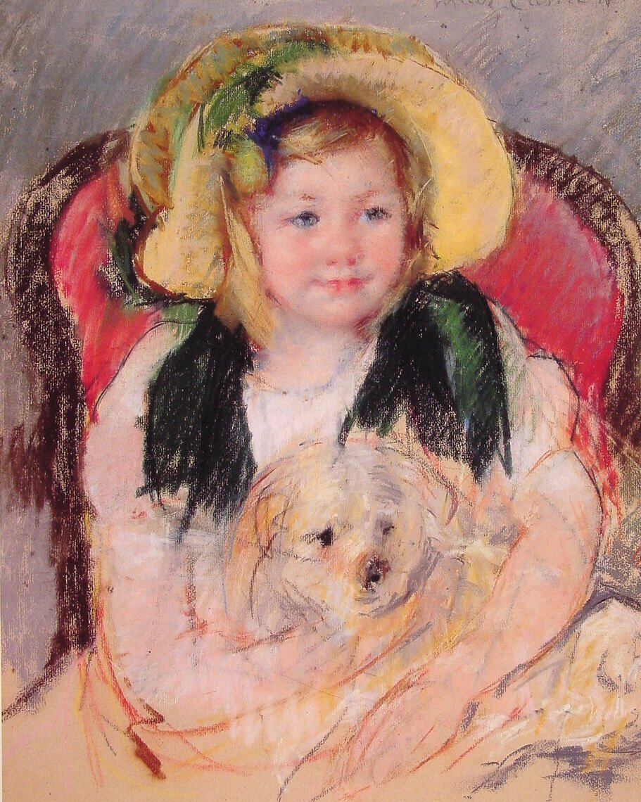 Sara con su perro en un sillón de Mary Cassatt