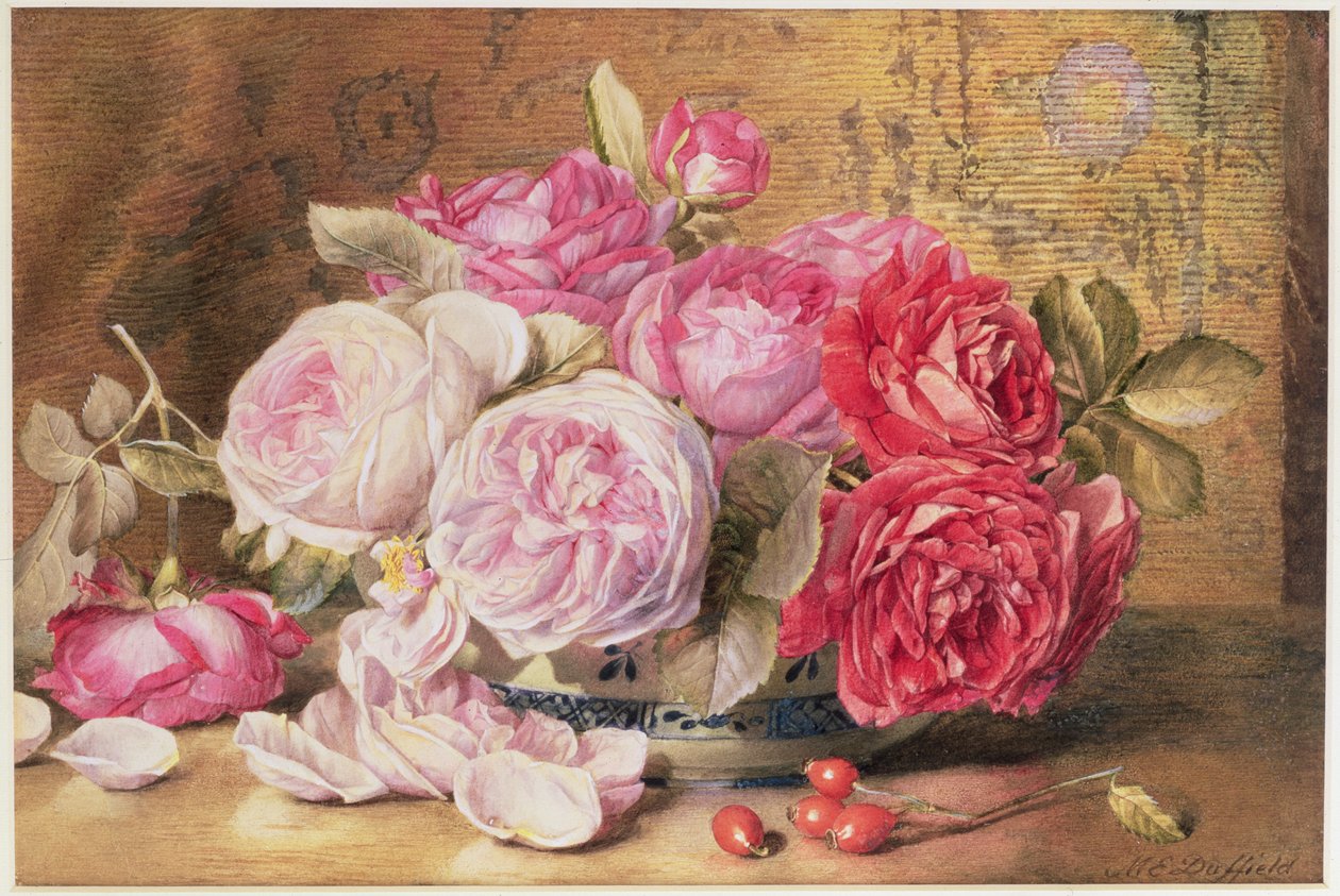 Rosas rosas y rojas en un cuenco de Mary Elizabeth Duffield