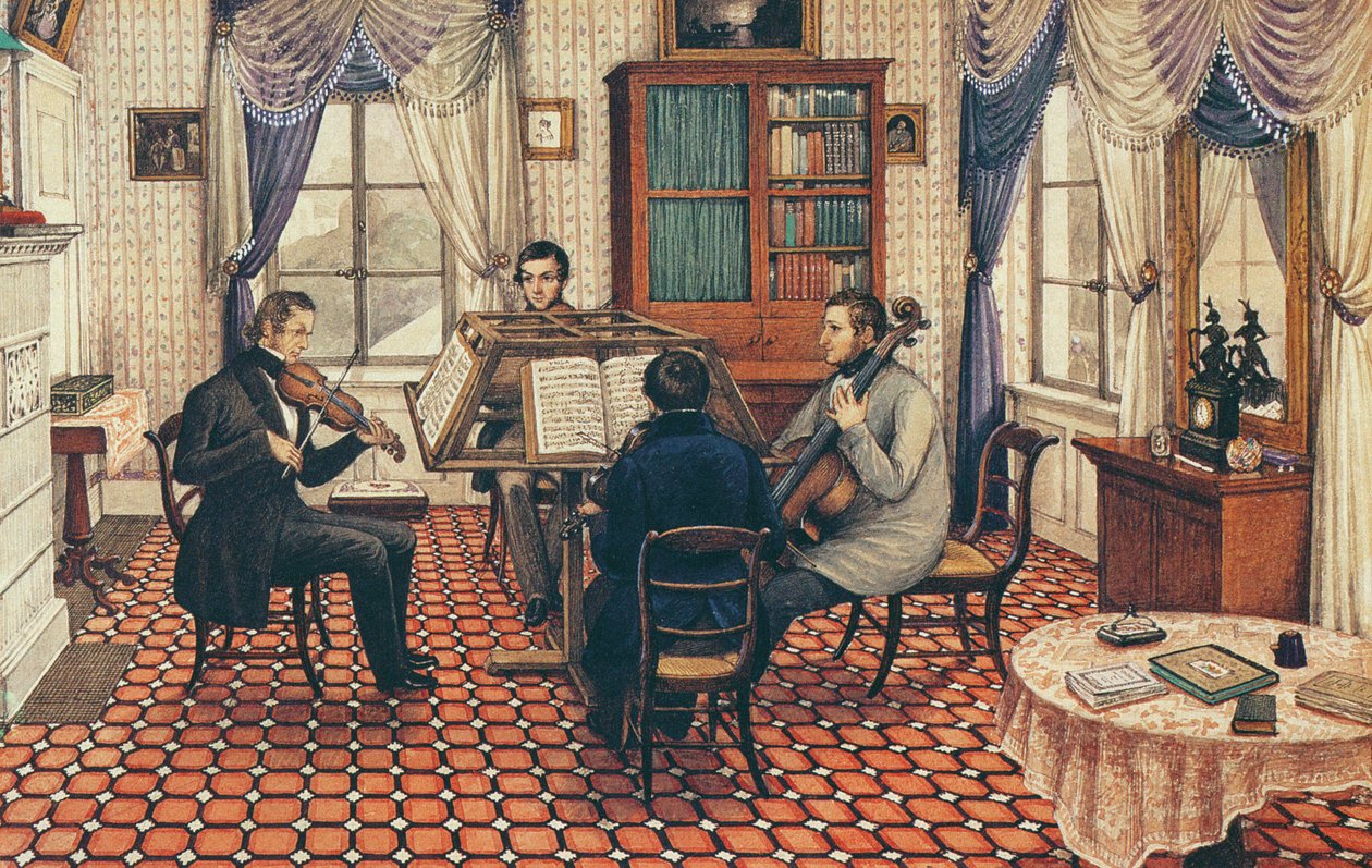 Antonio y tres amigos tocando un cuarteto de cuerdas de Mary Ellen Best