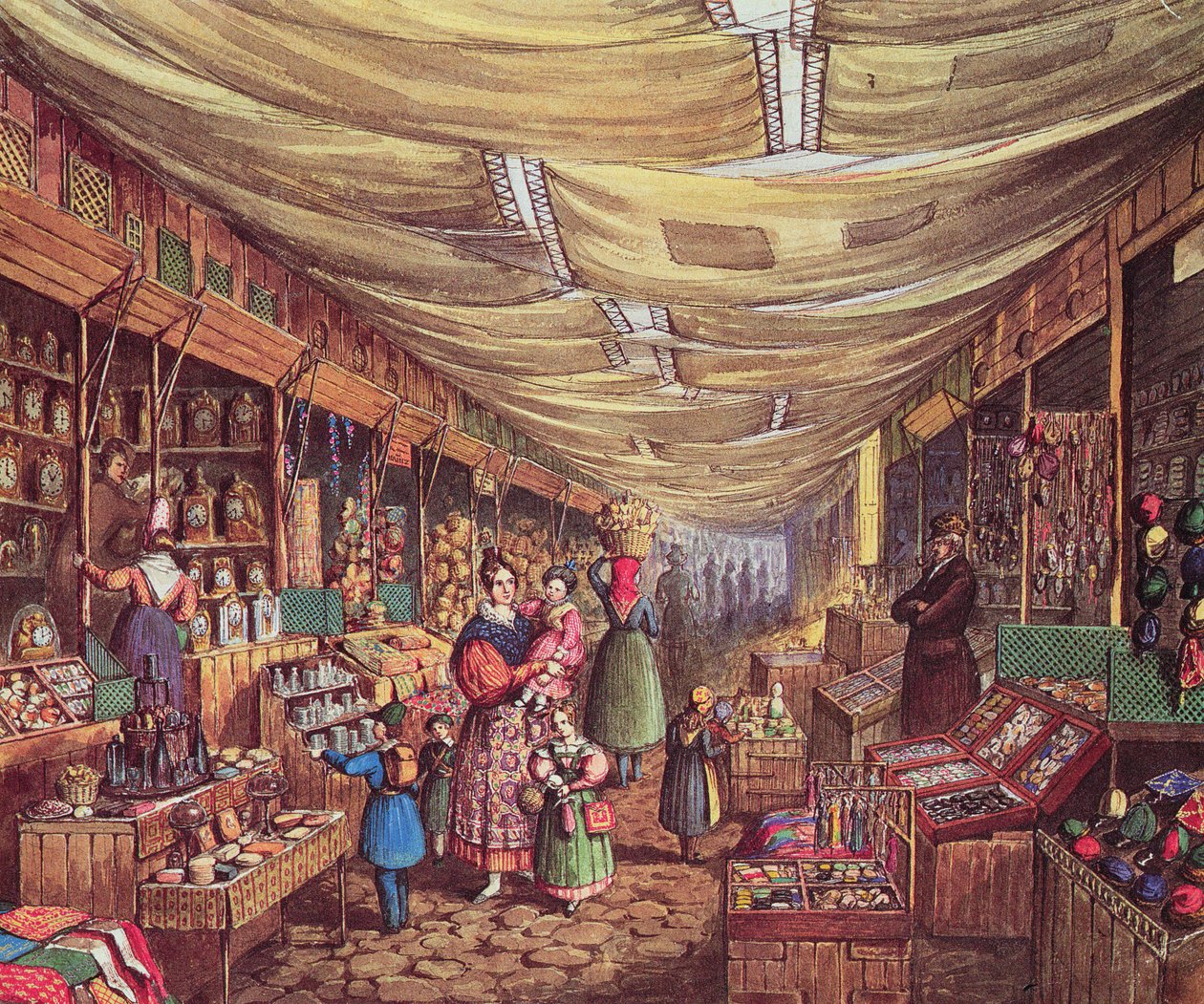 Escena en la Feria de Frankfurt. Parte de la línea de puestos que se extiende a lo largo del Río Mayn de Mary Ellen Best