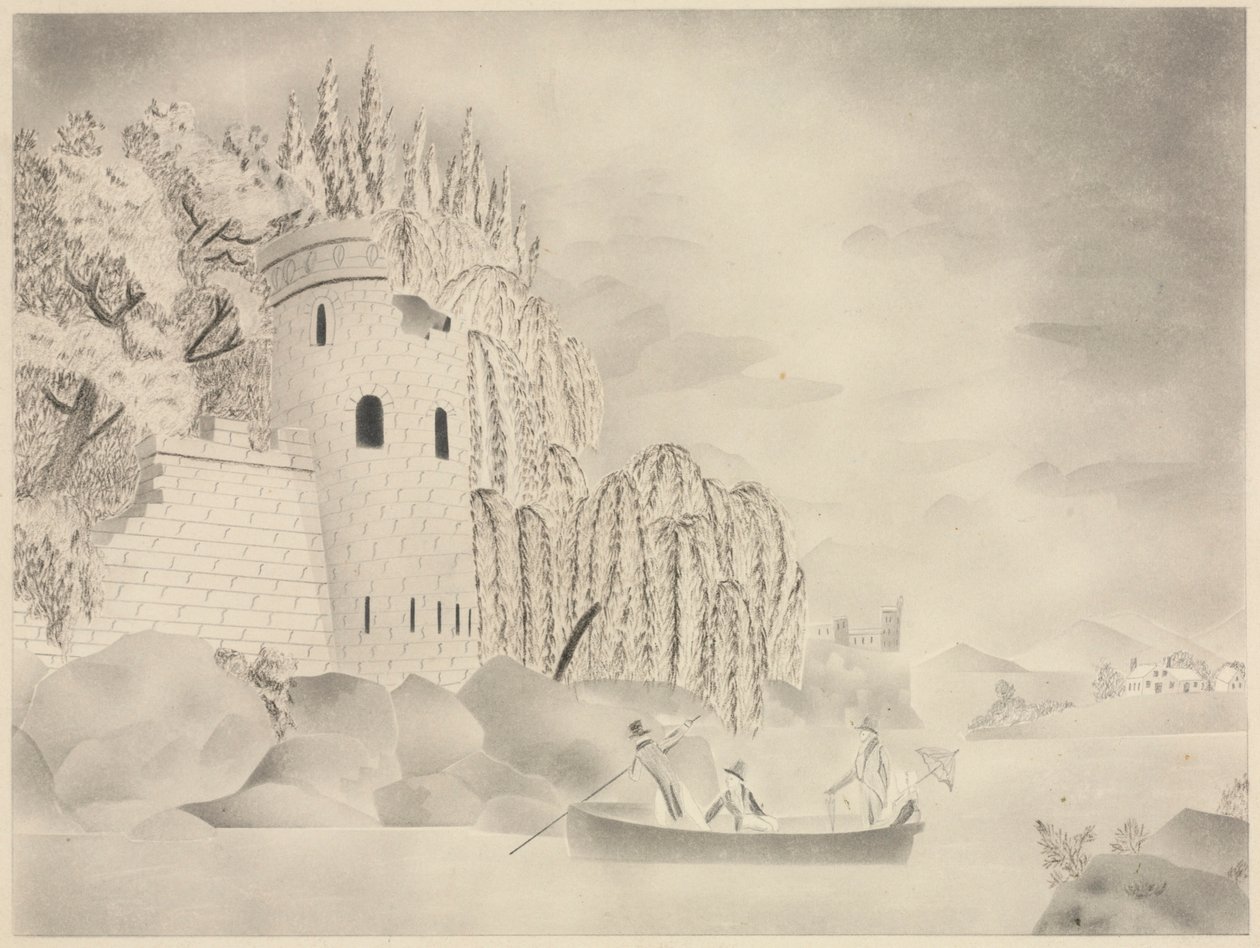 La Torre Solitaria (Castillo sobre un río con sauces y una barca) de Mary Altha Nims