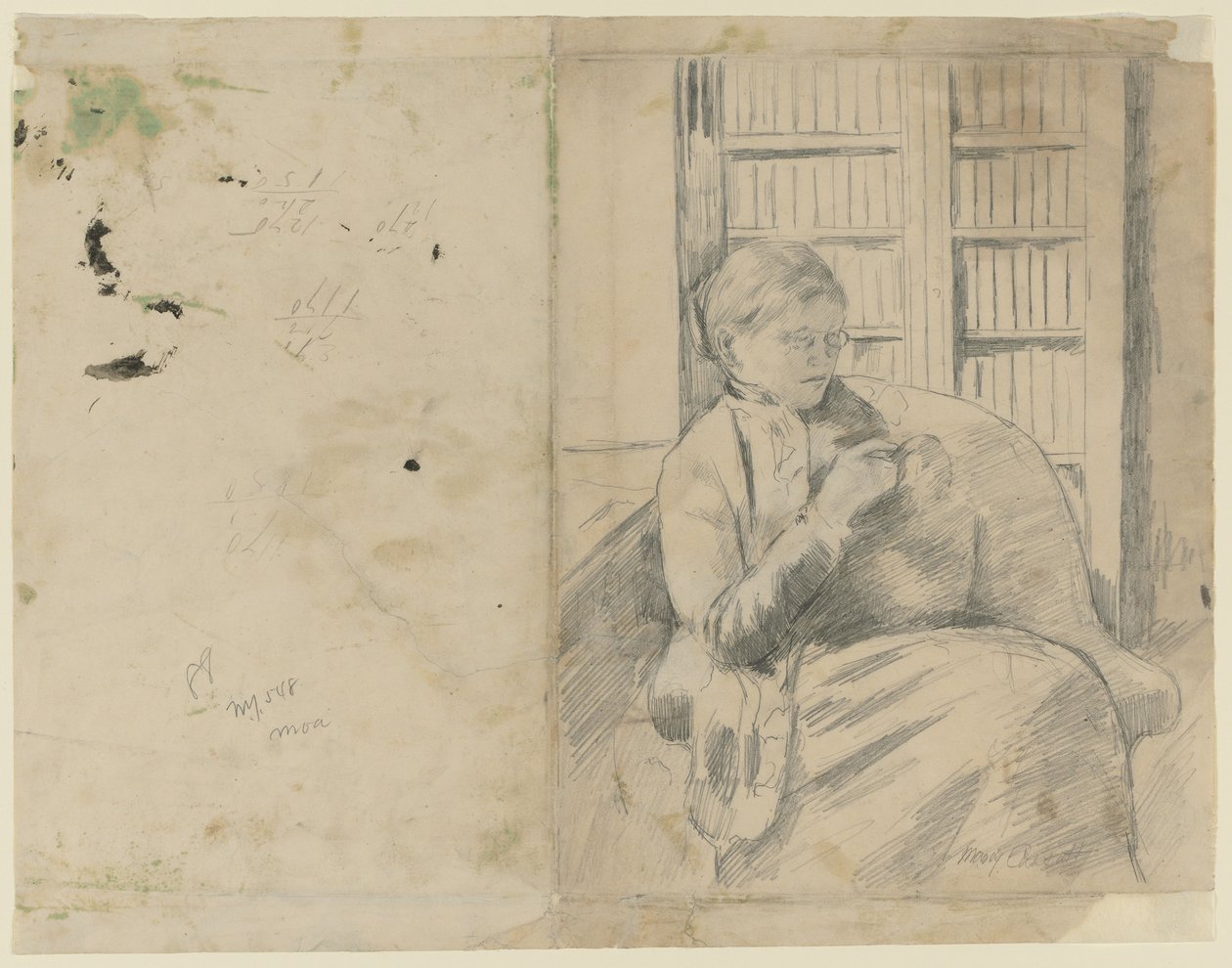 Tejiendo en la biblioteca recto, Tejiendo en la biblioteca verso, c. 1881 de Mary Cassatt