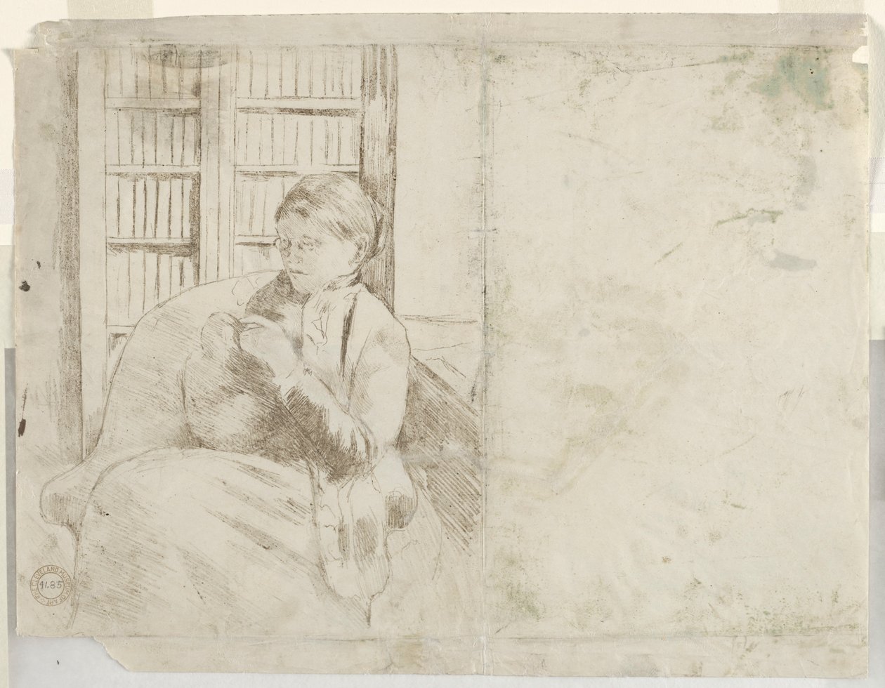 Tejiendo en la biblioteca, c. 1881 de Mary Cassatt