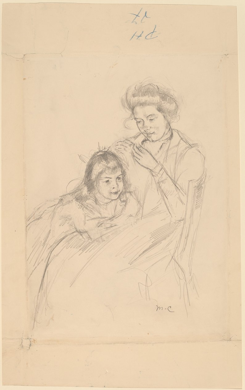 Margot apoyada en la rodilla de Reine, c. 1902 de Mary Cassatt