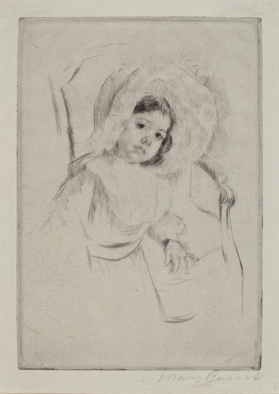 Margot con un sombrero holgado apoyada en una silla de Mary Cassatt