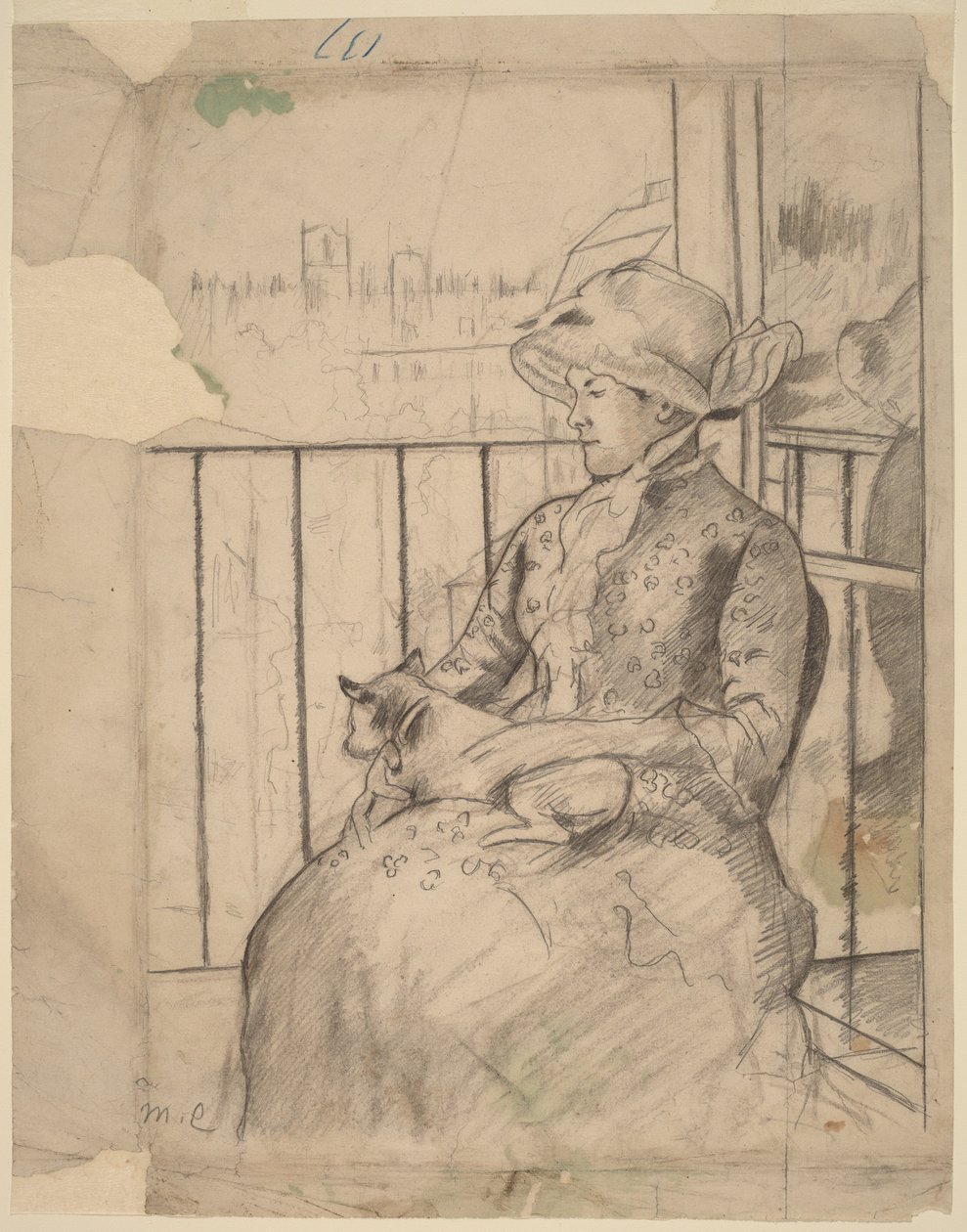 Susan en un balcón sosteniendo un perro [recto] de Mary Cassatt