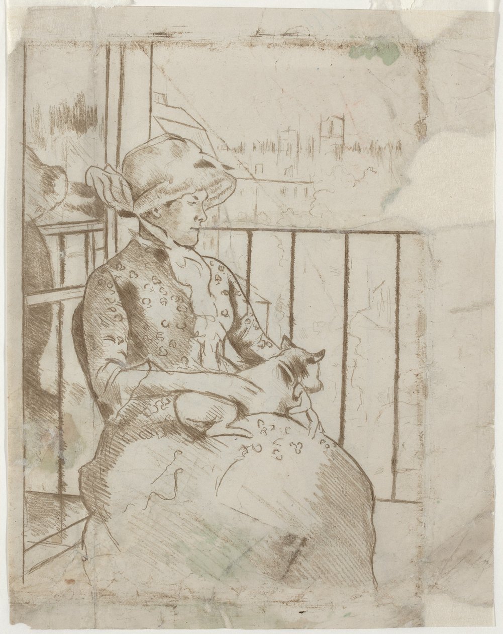 Susan en un balcón sosteniendo un perro (verso) de Mary Cassatt