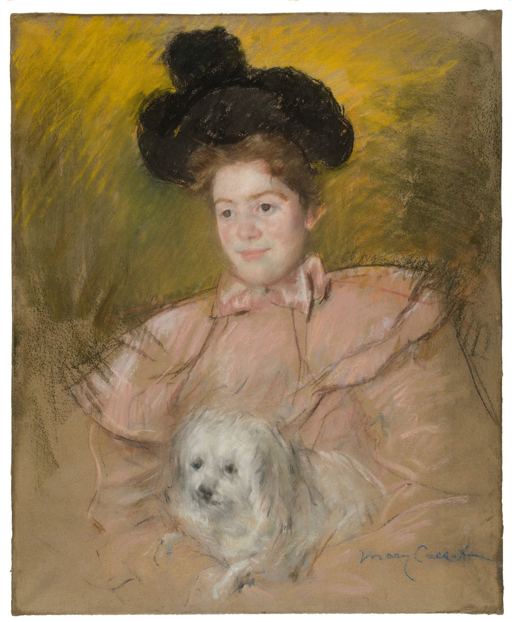 Mujer en traje de frambuesa sosteniendo un perro, c. 1901 de Mary Cassatt