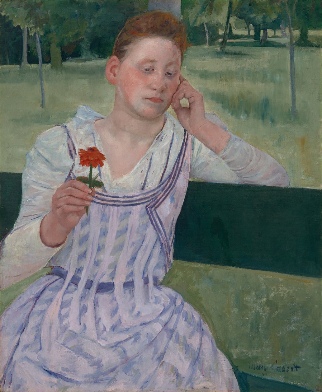 Mujer con una zinnia roja (Ensoñación) de Mary Cassatt
