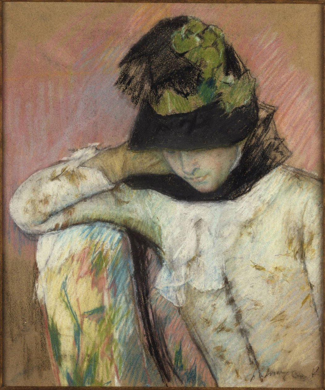 Joven con una cofia negra y verde, mirando hacia abajo de Mary Cassatt