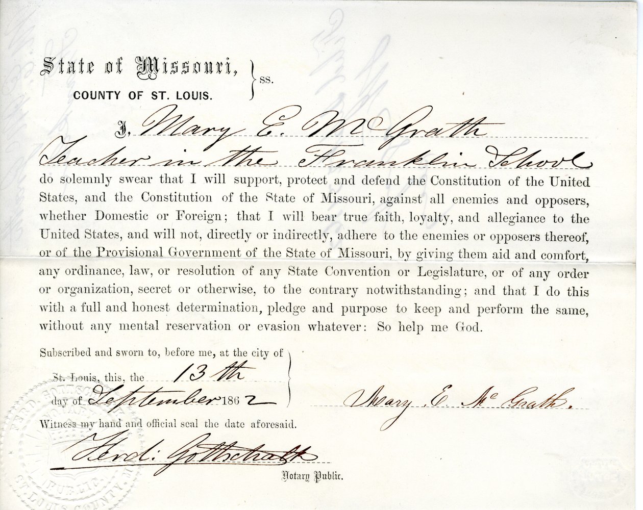 Juramento de lealtad de Mary E. McGrath de Missouri, Condado de St. Louis de Mary E. McGrath