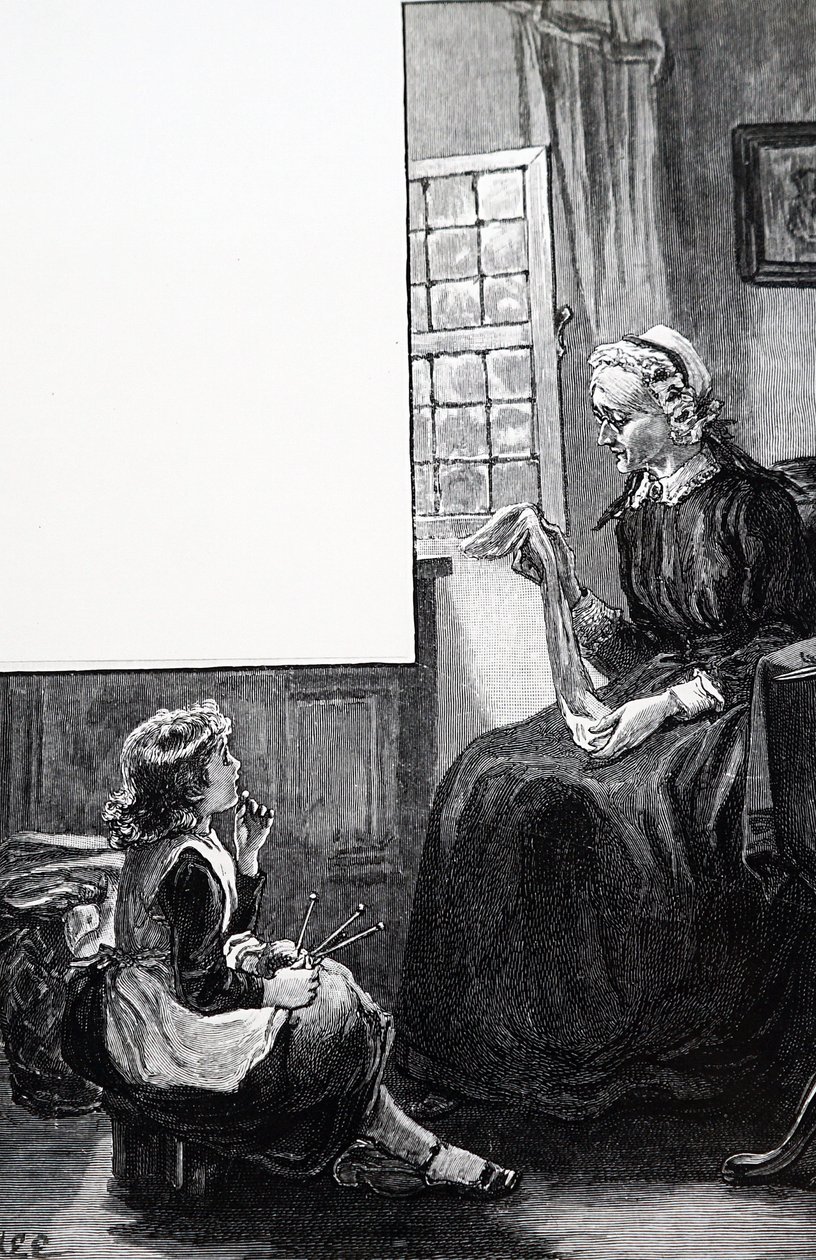 Una abuela examinando los esfuerzos de su nieto en tejer de Mary Ellen Edwards