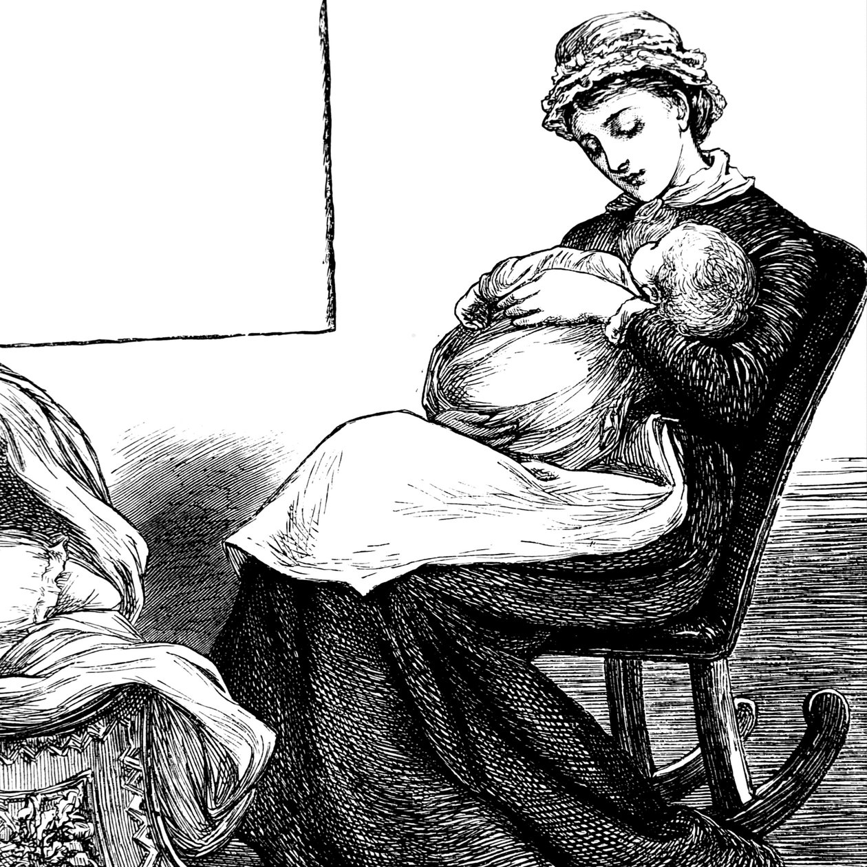 Una madre abrazando a su hijo, sentada en una mecedora de Mary Ellen Edwards