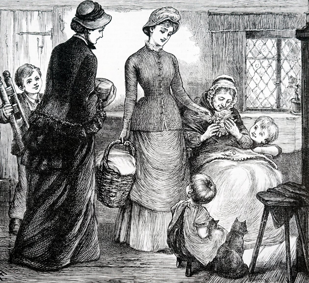 Una mujer dando regalos a un campesino pobre. Por Mary Ellen Edwards (1838-1934) una artista inglesa de Mary Ellen Edwards