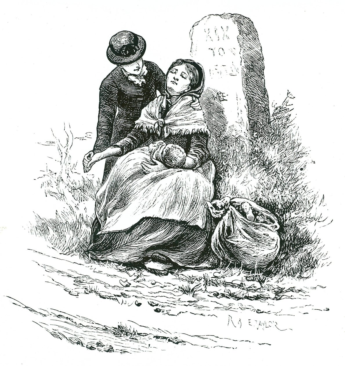 Una madre soltera indigente encontrada exhausta en su camino al asilo con su bebé. Escena reminiscente de una novela de Thomas Hardy pero no poco común en áreas rurales de todo el país. Ilustración de Mary Ellen Edwards c. 1881. de Mary Ellen Edwards