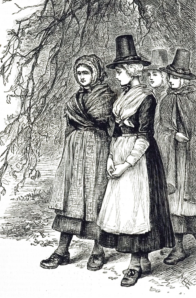 Un grabado que representa a chicas galesas en una feria de Hollantide, una feria de contratación, esperando ser contratadas como sirvientas domésticas de Mary Ellen Edwards