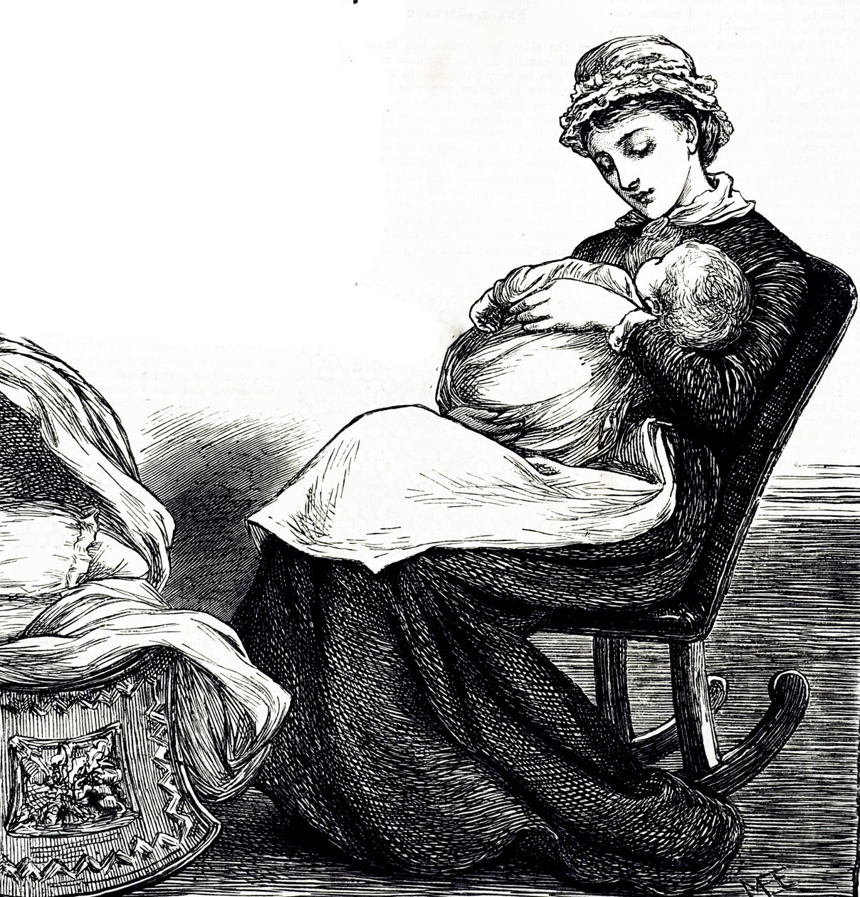 Un grabado que representa a una madre meciendo a su bebé. Ilustrado por Mary Ellen Edwards (1838-1934) una artista inglesa y prolífica ilustradora de libros infantiles de Mary Ellen Edwards