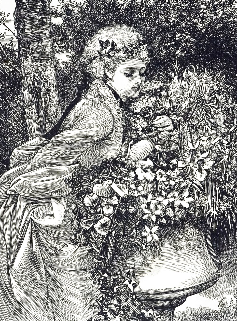 Grabado de una niña oliendo flores en una urna de jardín de Mary Ellen Edwards