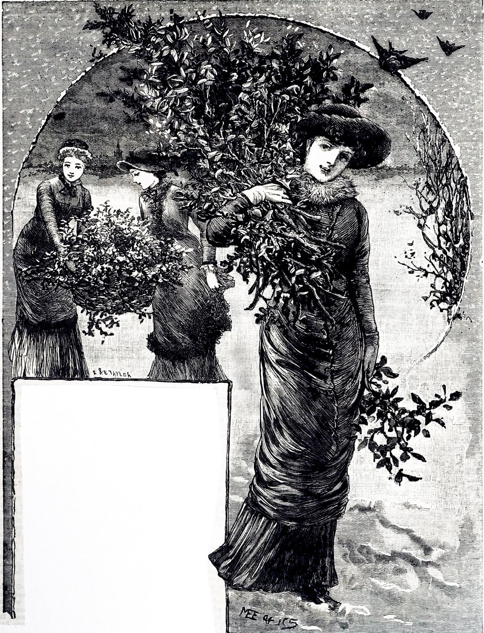 Grabado que representa la recolección de acebo y siempreverde para la decoración navideña. Ilustrado por Mary Ellen Edwards (1838-1934), una artista e ilustradora inglesa de libros infantiles de Mary Ellen Edwards