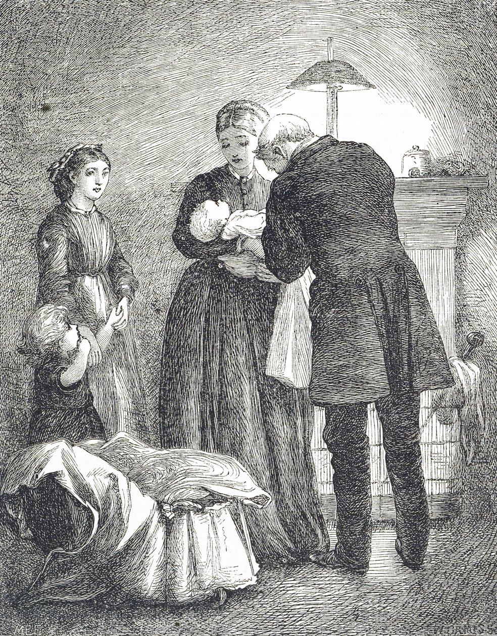 Grabado de un médico examinando a un bebé con sarampión de Mary Ellen Edwards