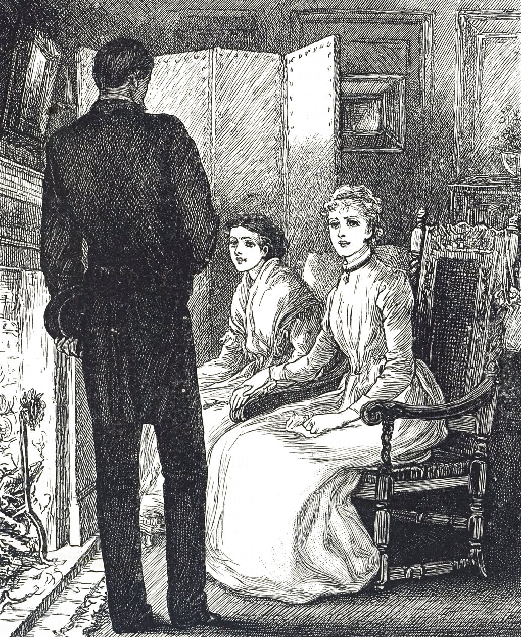 Grabado que representa a dos mujeres calentándose junto a la chimenea de Mary Ellen Edwards