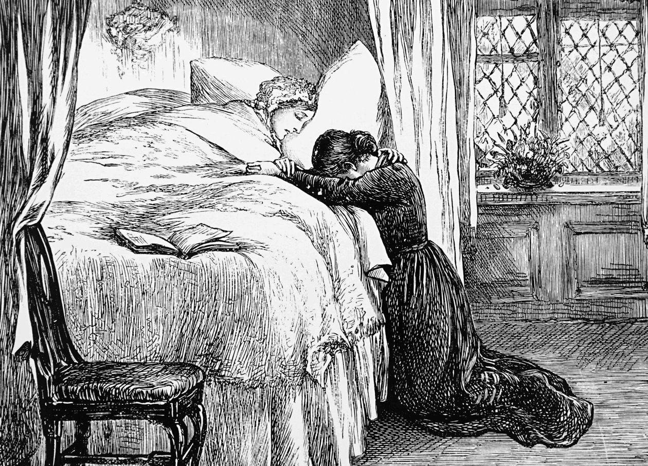 Ilustración que muestra a una hija llorando en el lecho de muerte de su madre de Mary Ellen Edwards