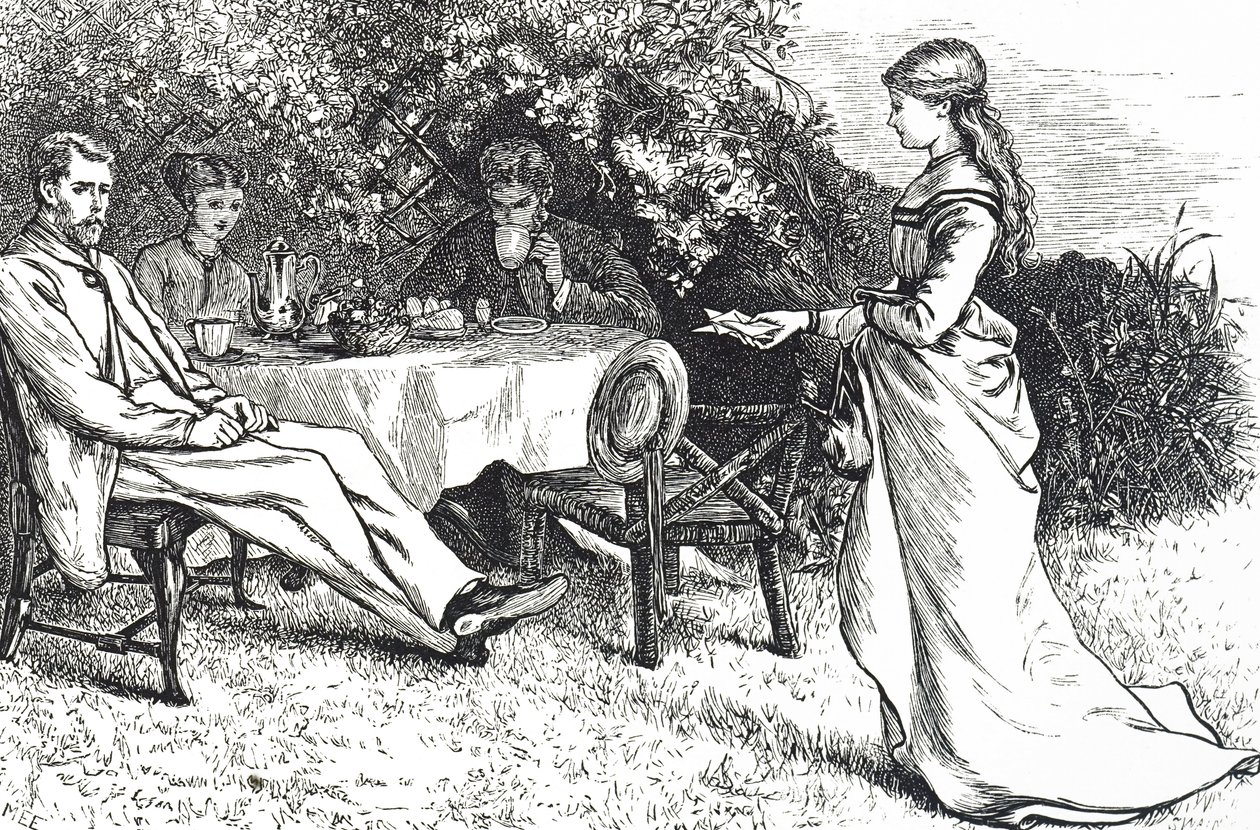 Ilustración que representa a una familia desayunando en el jardín de Mary Ellen Edwards