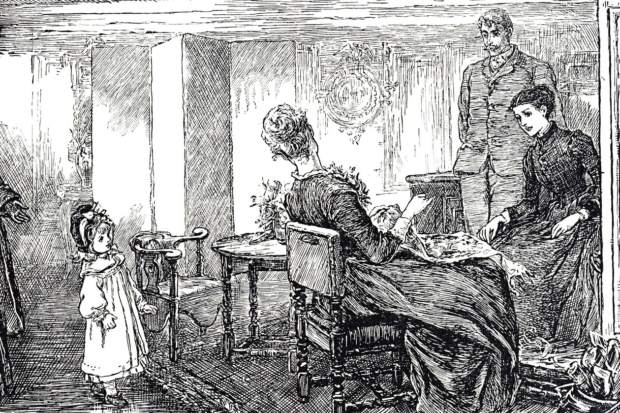 Ilustración de una niña cuidada por sus tías y tío por una tarde de Mary Ellen Edwards