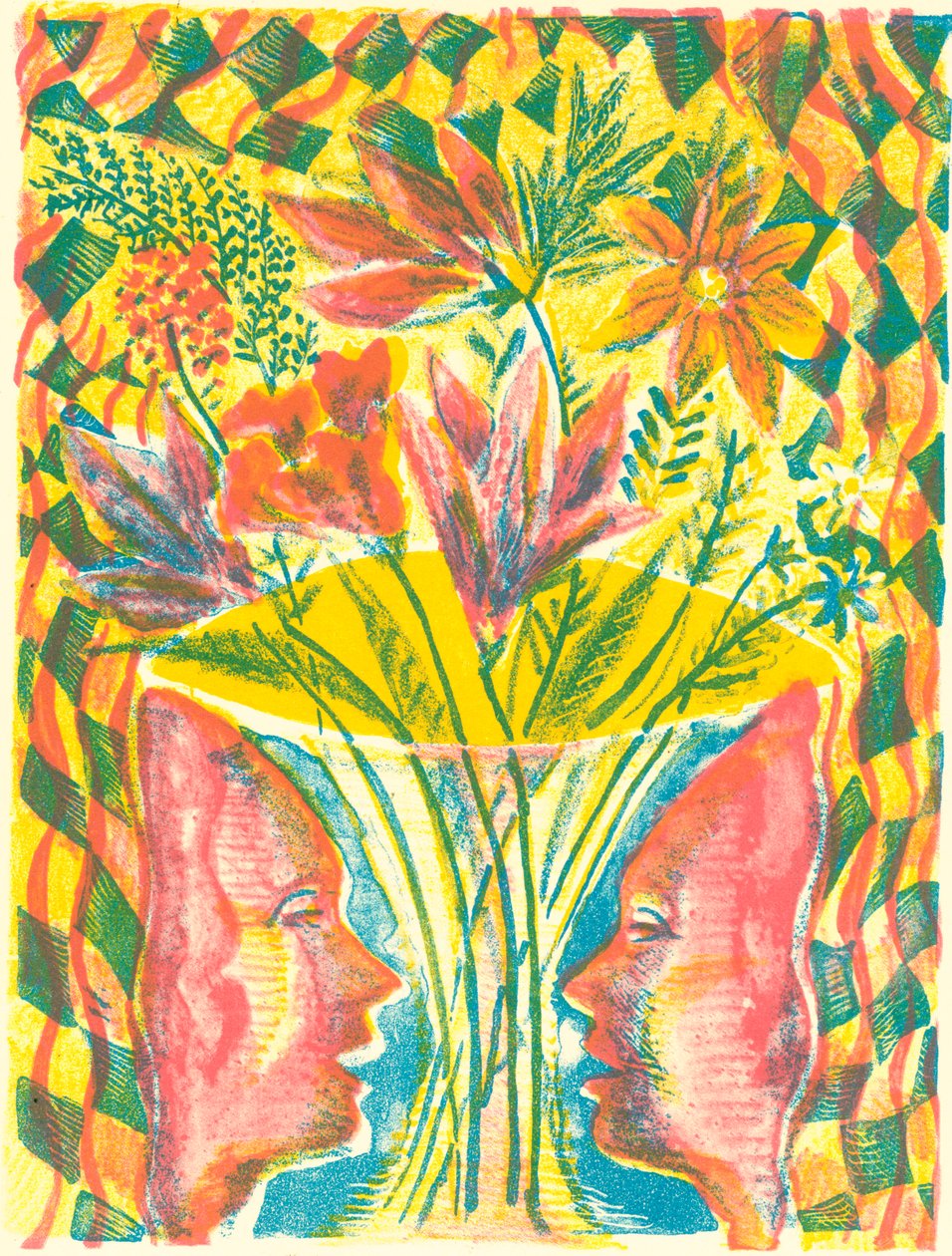 Rostros y flores, 2015 (litografía) de Mary Kuper