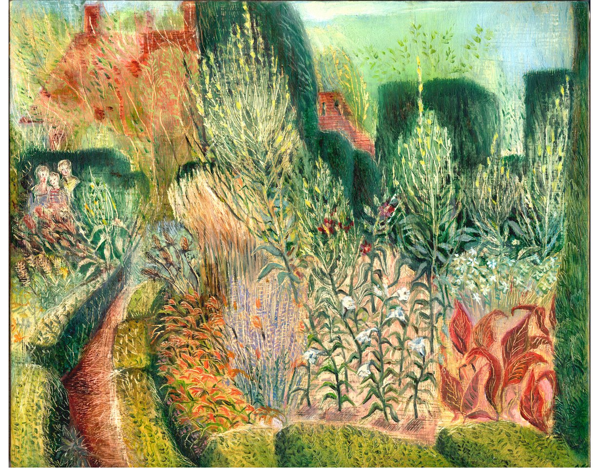 Great Dixter: Topiario y caminos, 2003 (óleo sobre tabla) de Mary Kuper