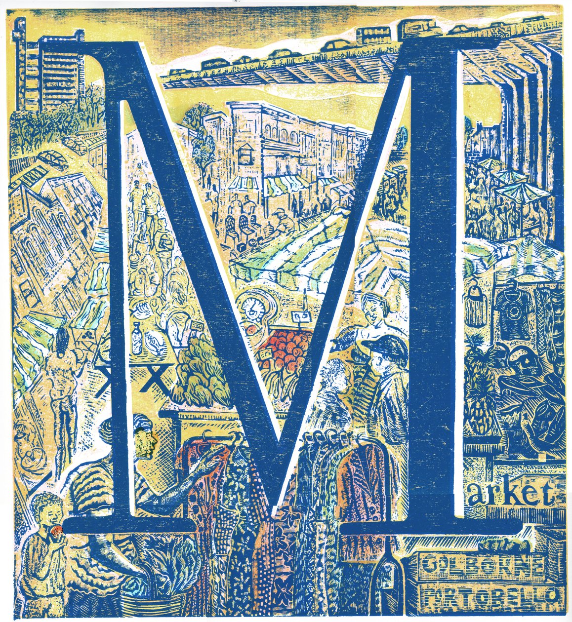 Mercado: Portobello y Golborne Road, 2015 (grabado en vinilo y colografía) de Mary Kuper