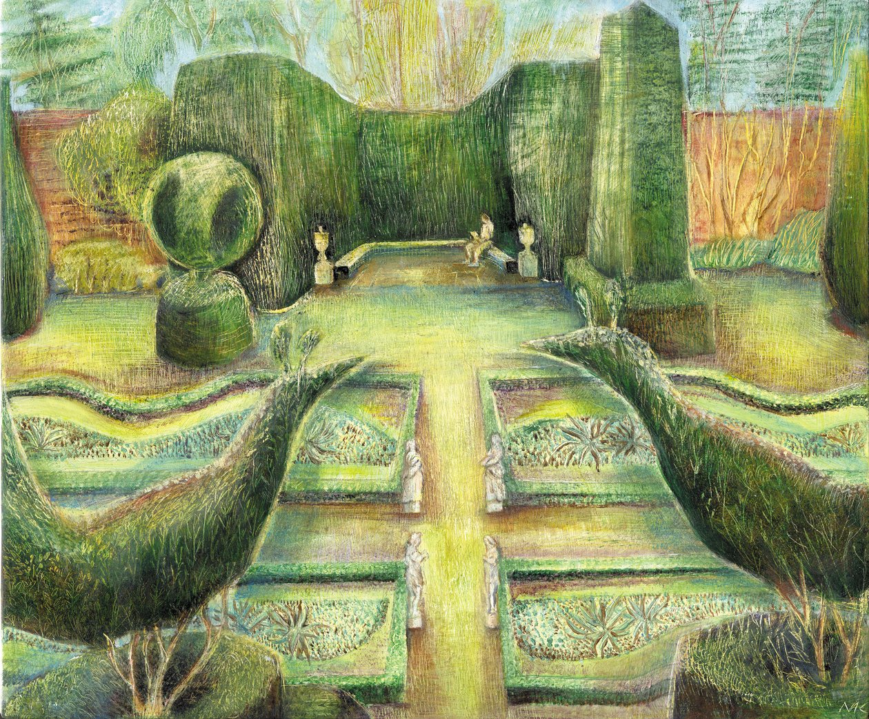 The Long Garden, Cliveden, birds, 2002 (óleo sobre tabla) de Mary Kuper