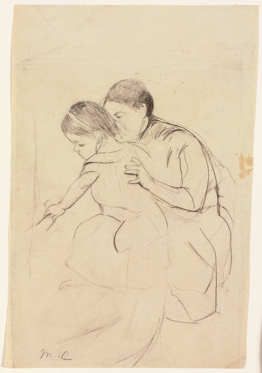 Bebé tocando una tina con la mano izquierda, sostenida por su niñera, c.1891 de Mary Cassatt
